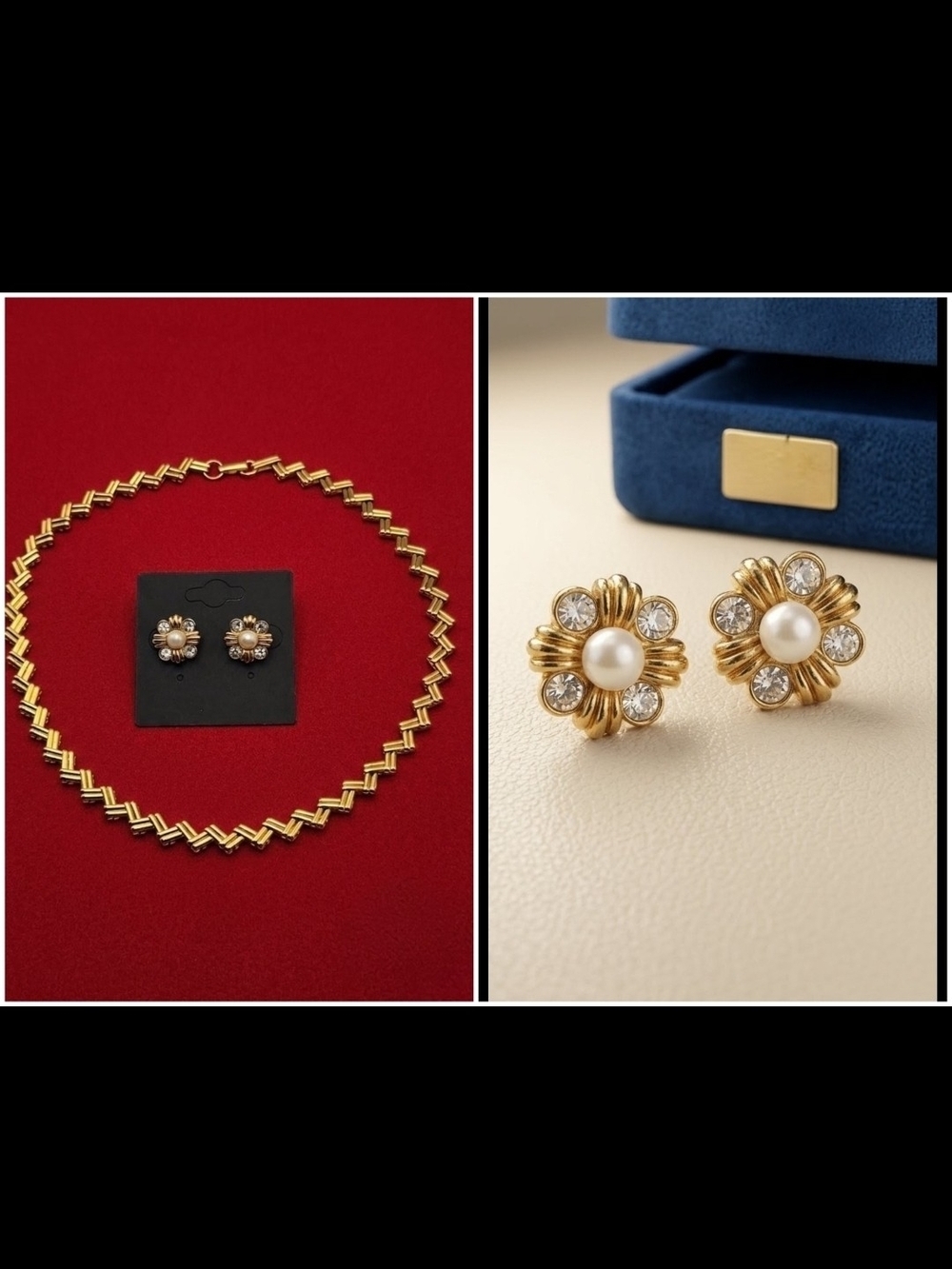 Avon Gold-Tone Precious Sparkle  Pearl & Flower Pierced Earrings Necklace Set